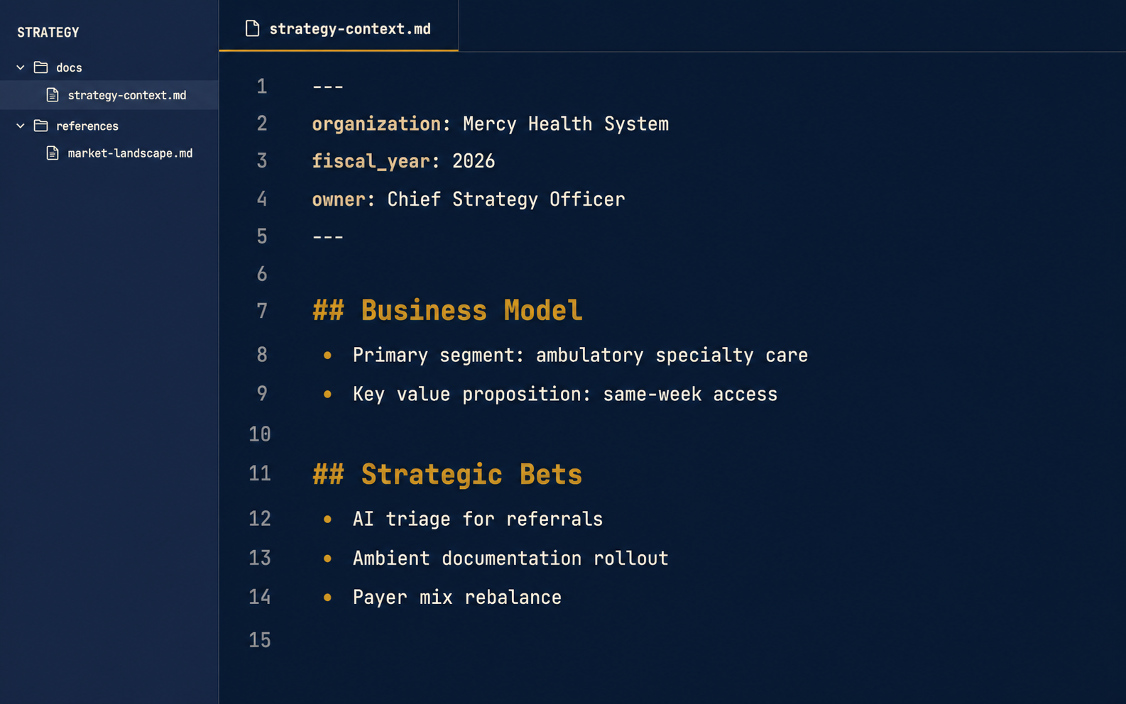 A strategy context file in a focused executive work environment