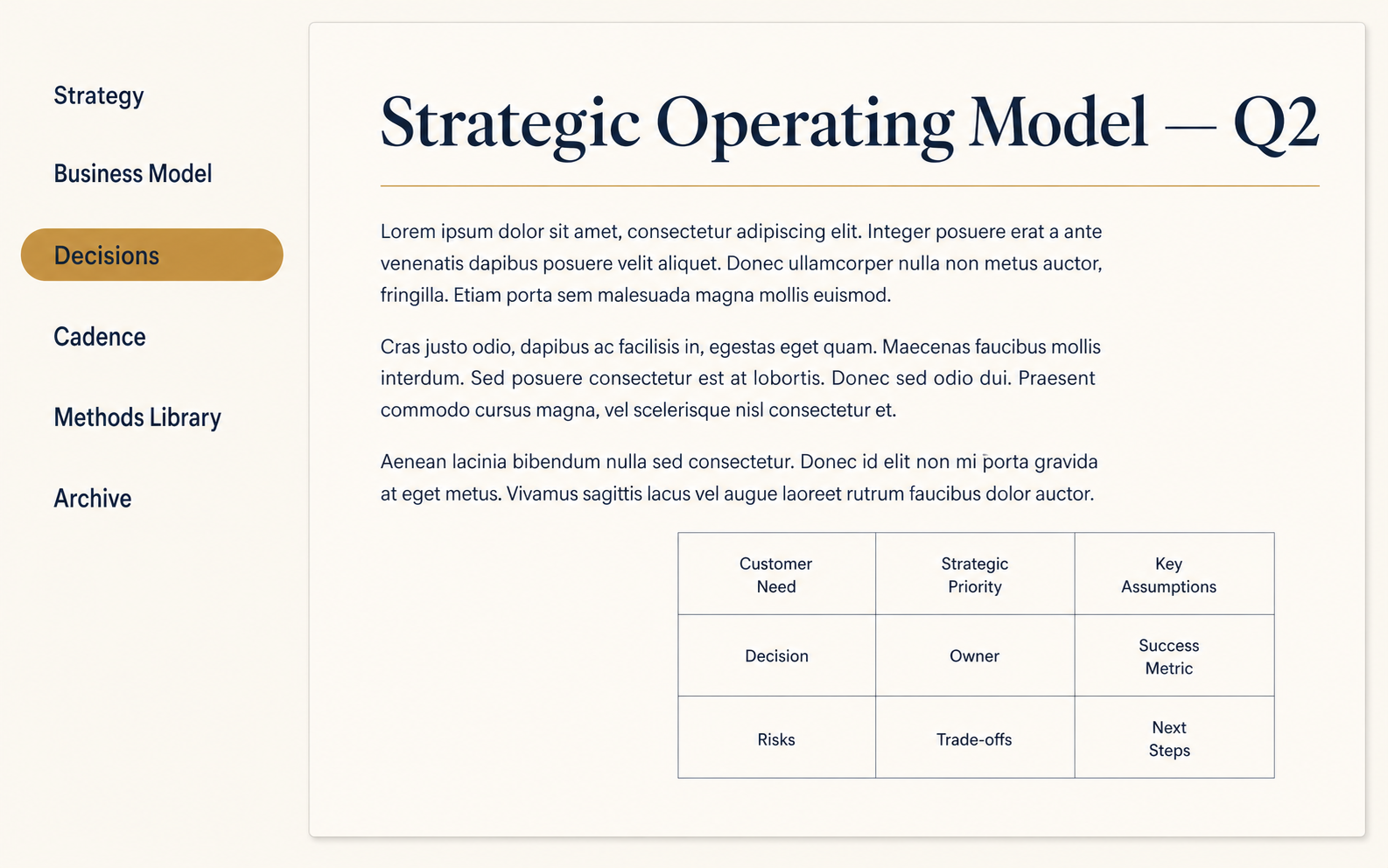 Mockup of an internal strategy reference website with a sidebar and document